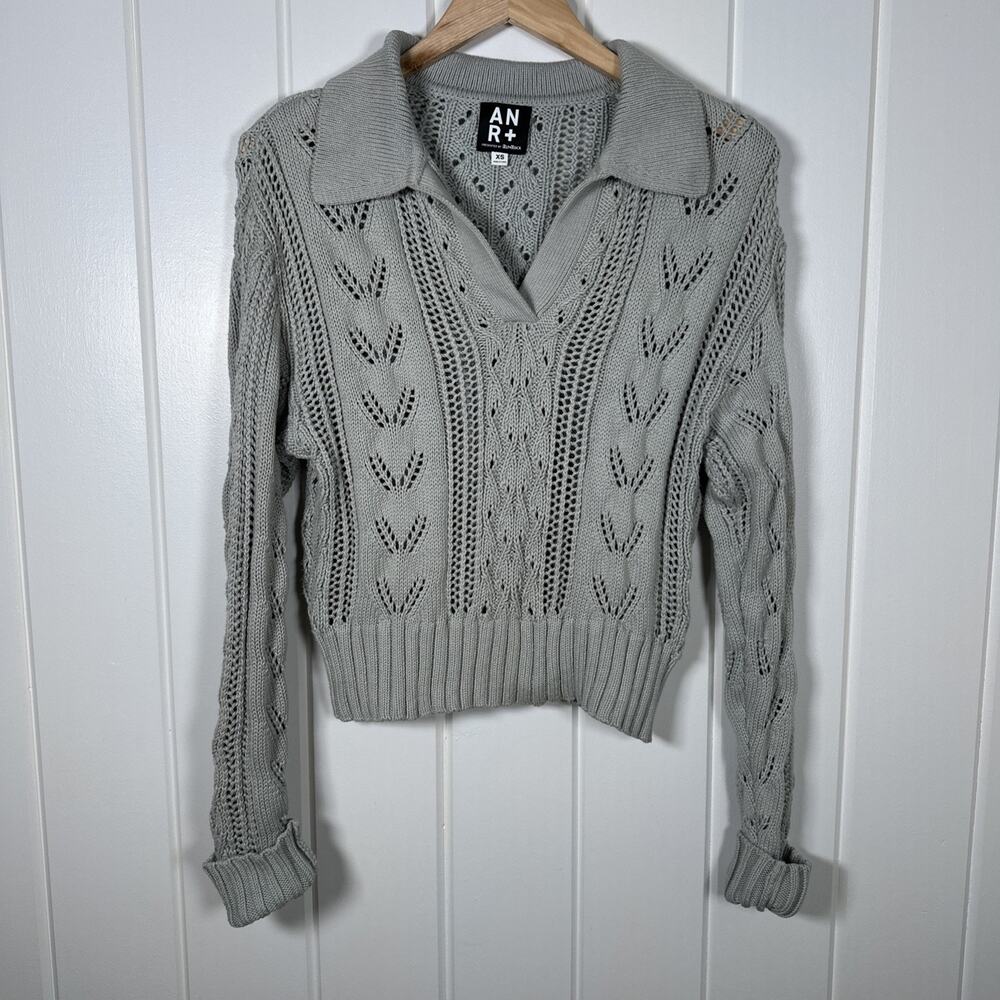 Alp-n-Rock Sweater XS Light Green Karin Polo‎ Pointelle Cotton Collared Cropped